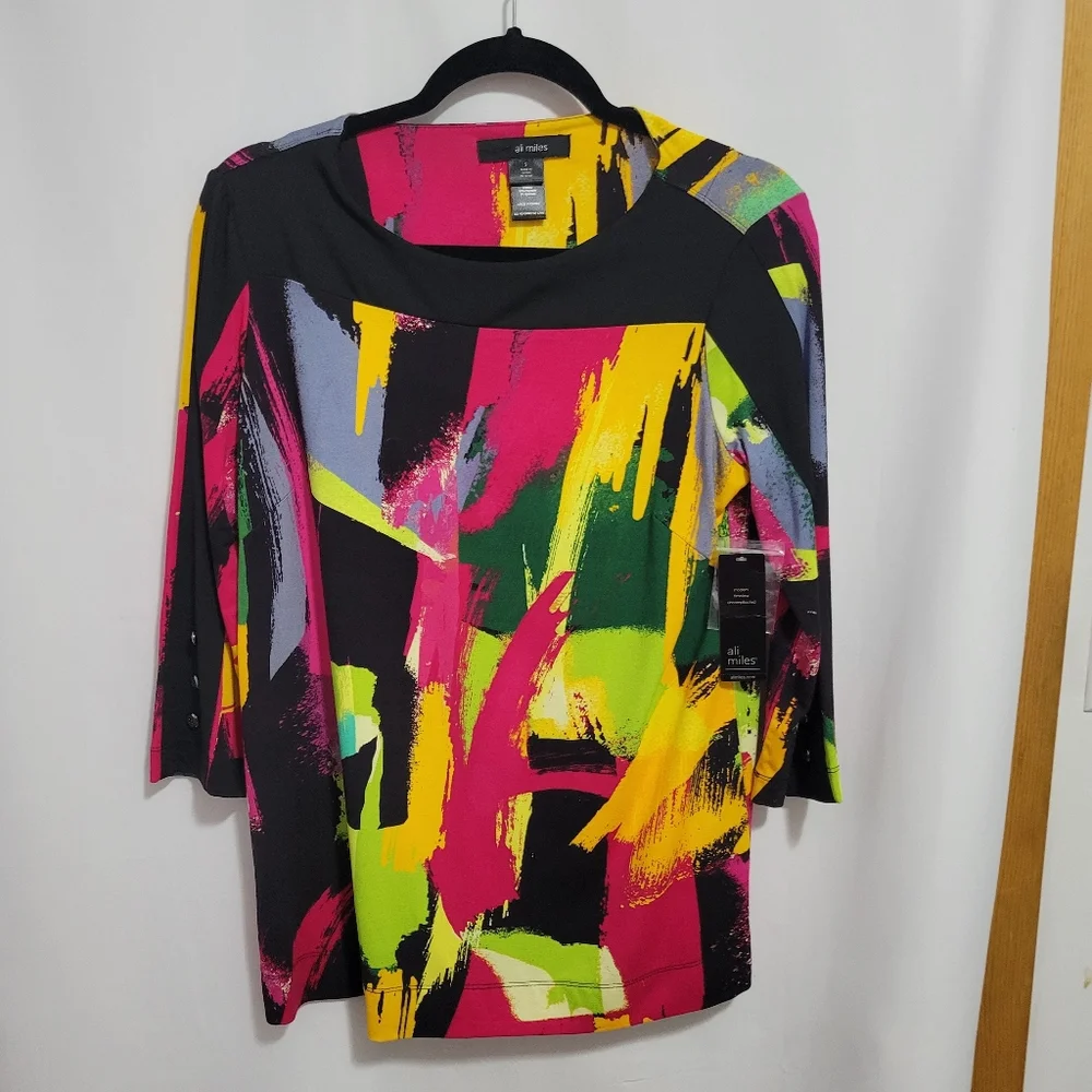 Ali Miles Multicolor 3/4 sleeve Top/Tunic, Size S, NEW - Picture 1 of 3